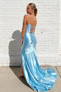 Light Blue Mermaid Spaghetti Straps Satin Long Prom Dress with Slit