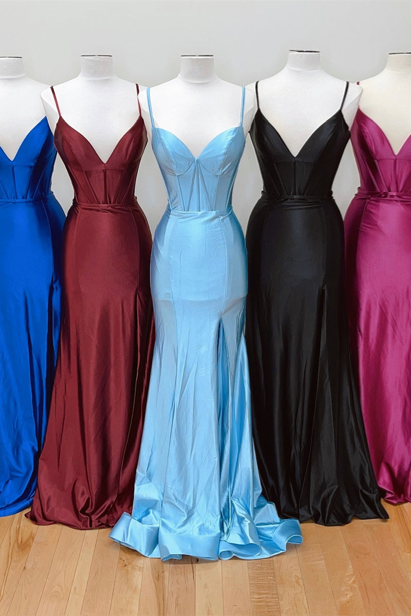 Royal Blue & Pomegranate & Light Blue & Black & Fuchsia Mermaid Spaghetti Straps Satin Long Prom Dress with Slit