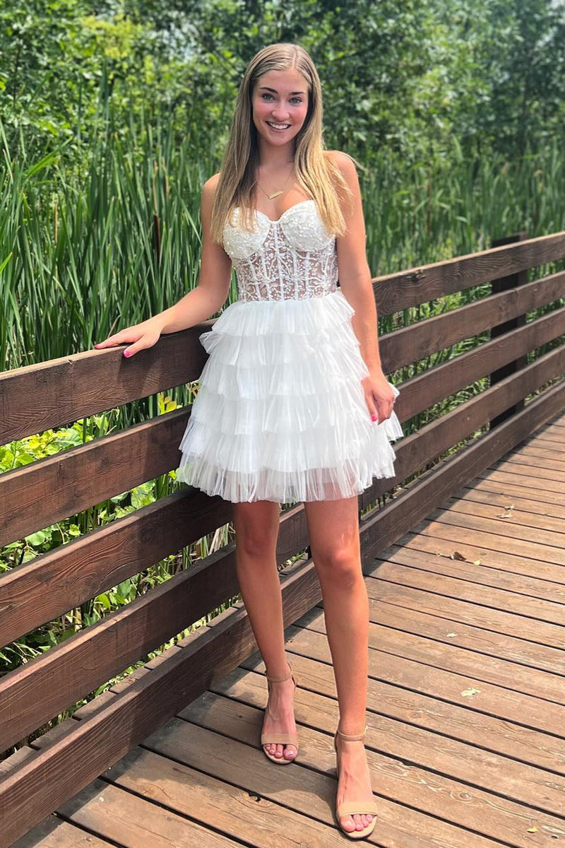 White Strapless Appliques Multi-Layers A-line Homecoming Dress