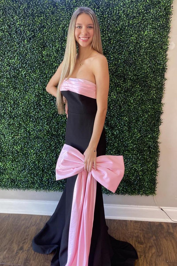 Strapless Black Mermaid Long Formal Dress with Pink Bow