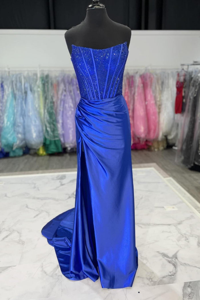 Beaded Royal Blue Ruched Mermaid Formal Dress