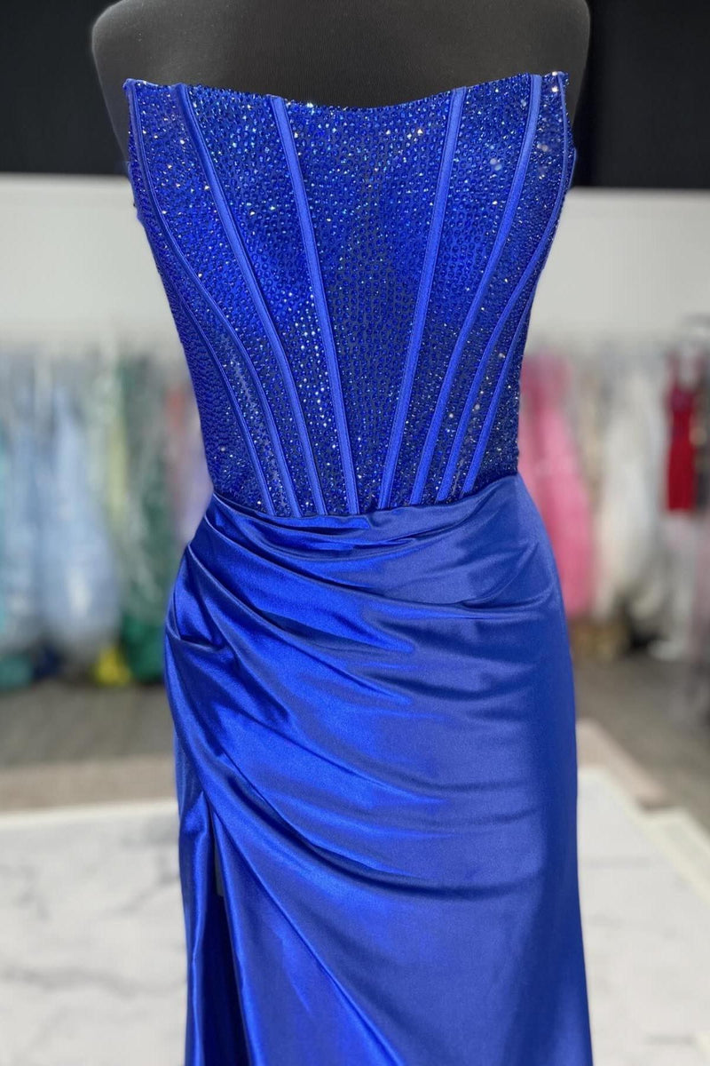 Beaded Royal Blue Ruched Mermaid Formal Dress