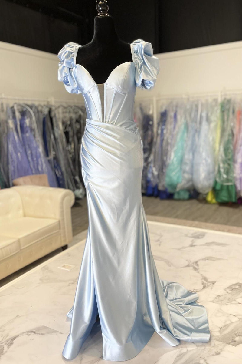 Short Puff Sleeves Light Blue Mermaid Formal Dress