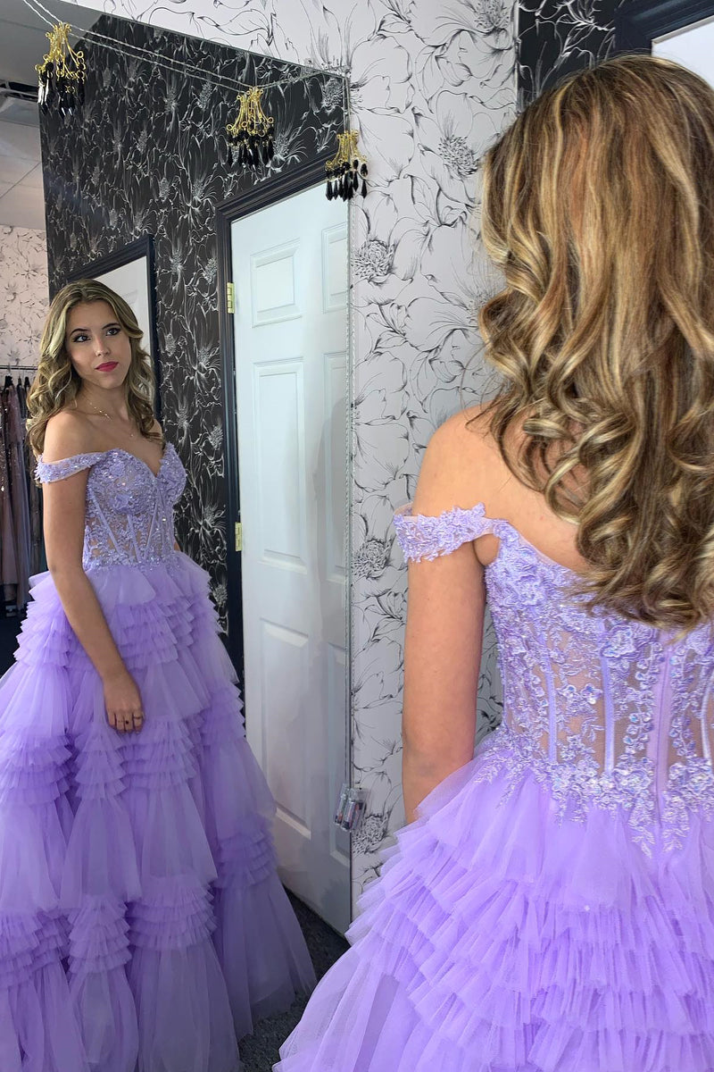 Lavender Off-Shoulder Floral A-line Layers Long Prom Dress