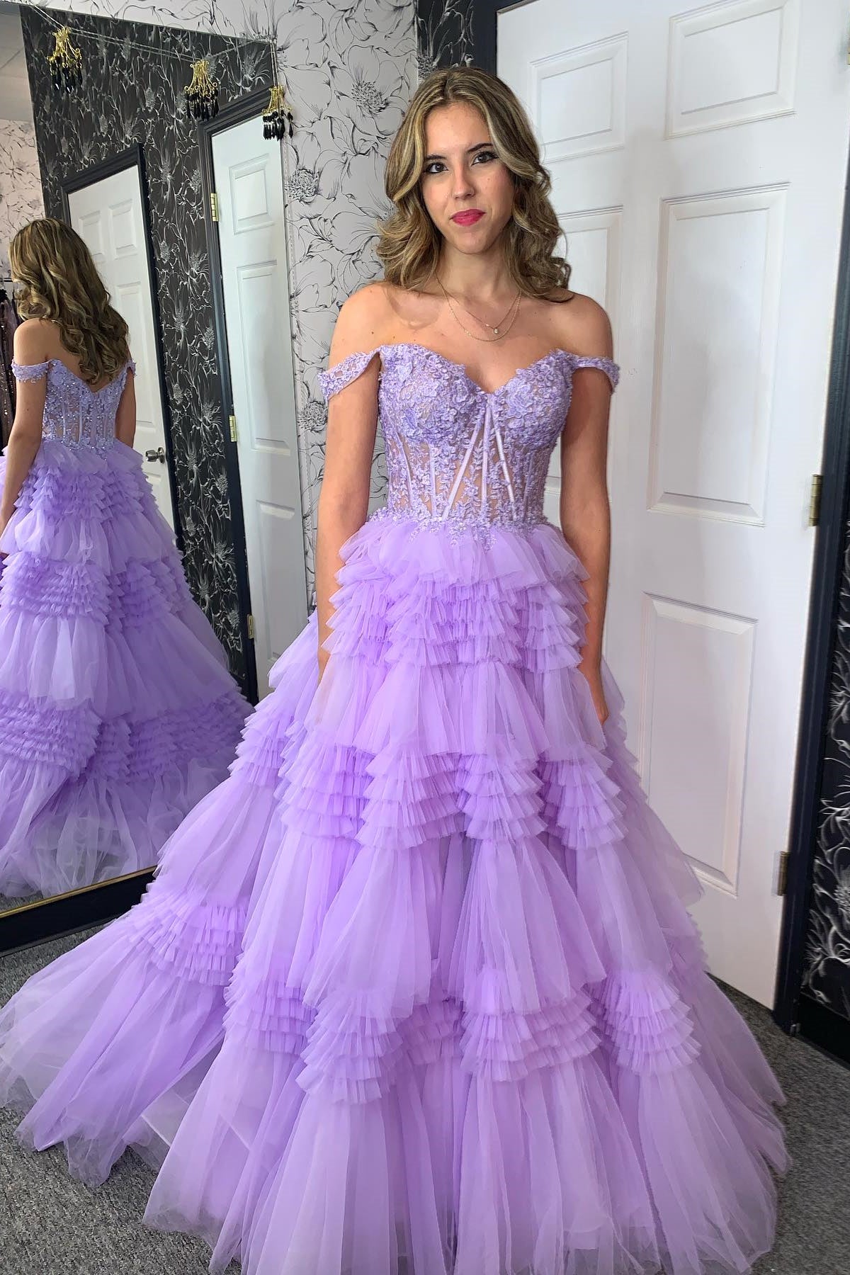 Lavender Off-Shoulder Floral A-line Layers Long Prom Dress