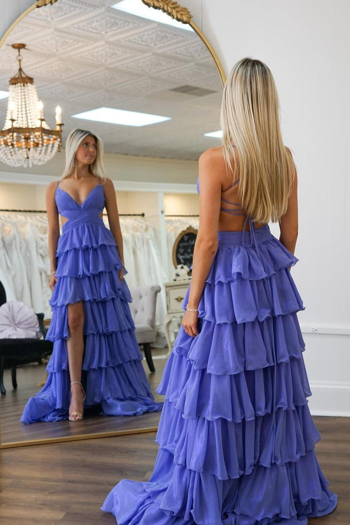 Straps Purple Tiered Ruffle Long Formal Dress