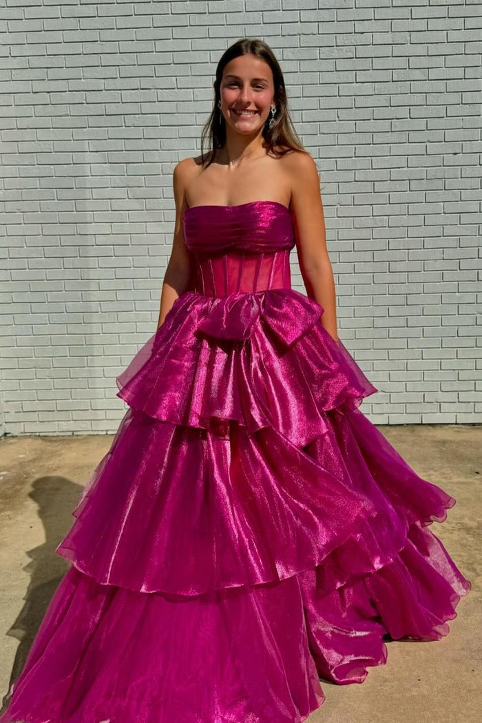 Strapless Fuchsia Corset A-line Long Formal Gown