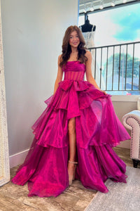 Strapless Fuchsia Corset A-line Long Formal Gown