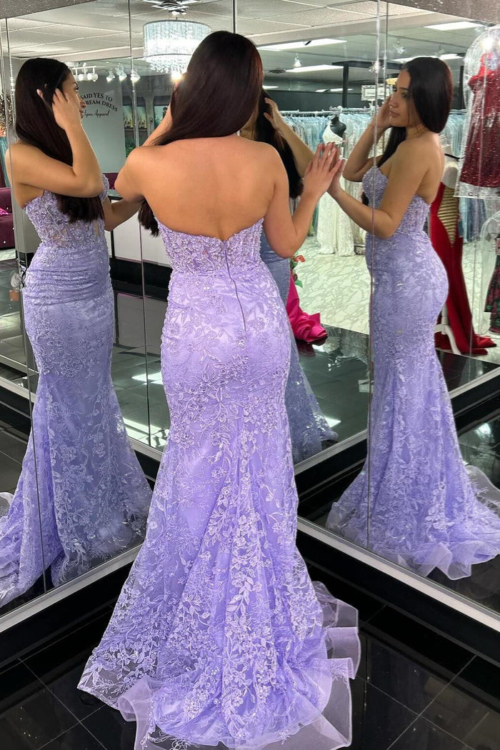 Lavender Strapless Cut-Out Mermaid Floral Long Prom Dress