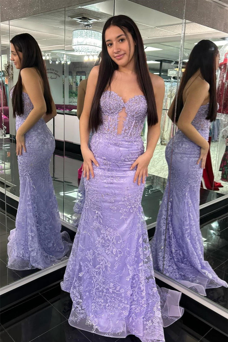 Lavender Strapless Cut-Out Mermaid Floral Long Prom Dress