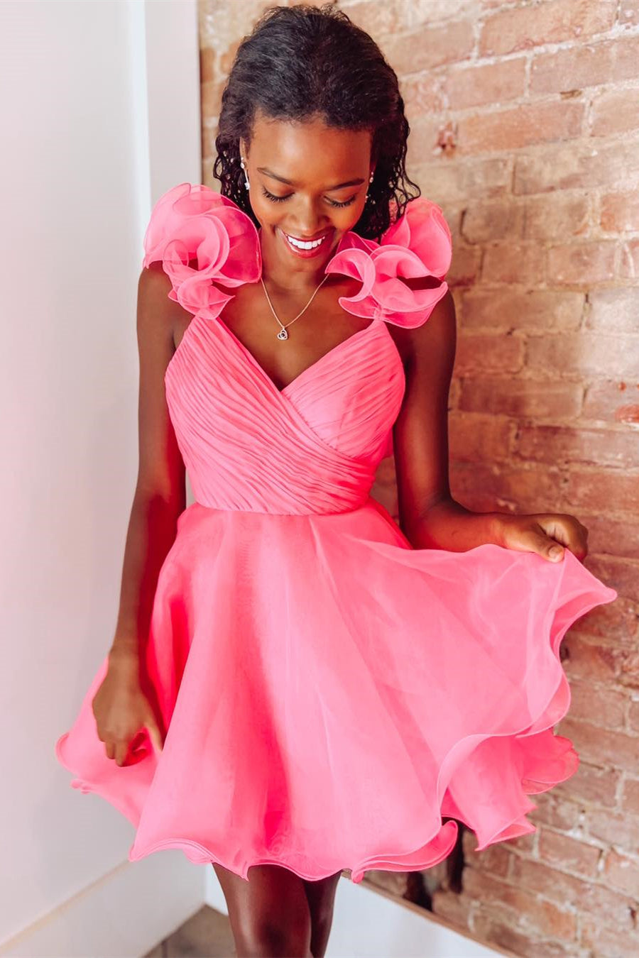 Hot Pink Surplice Ruffles Straps Tulle Homecoming Dress
