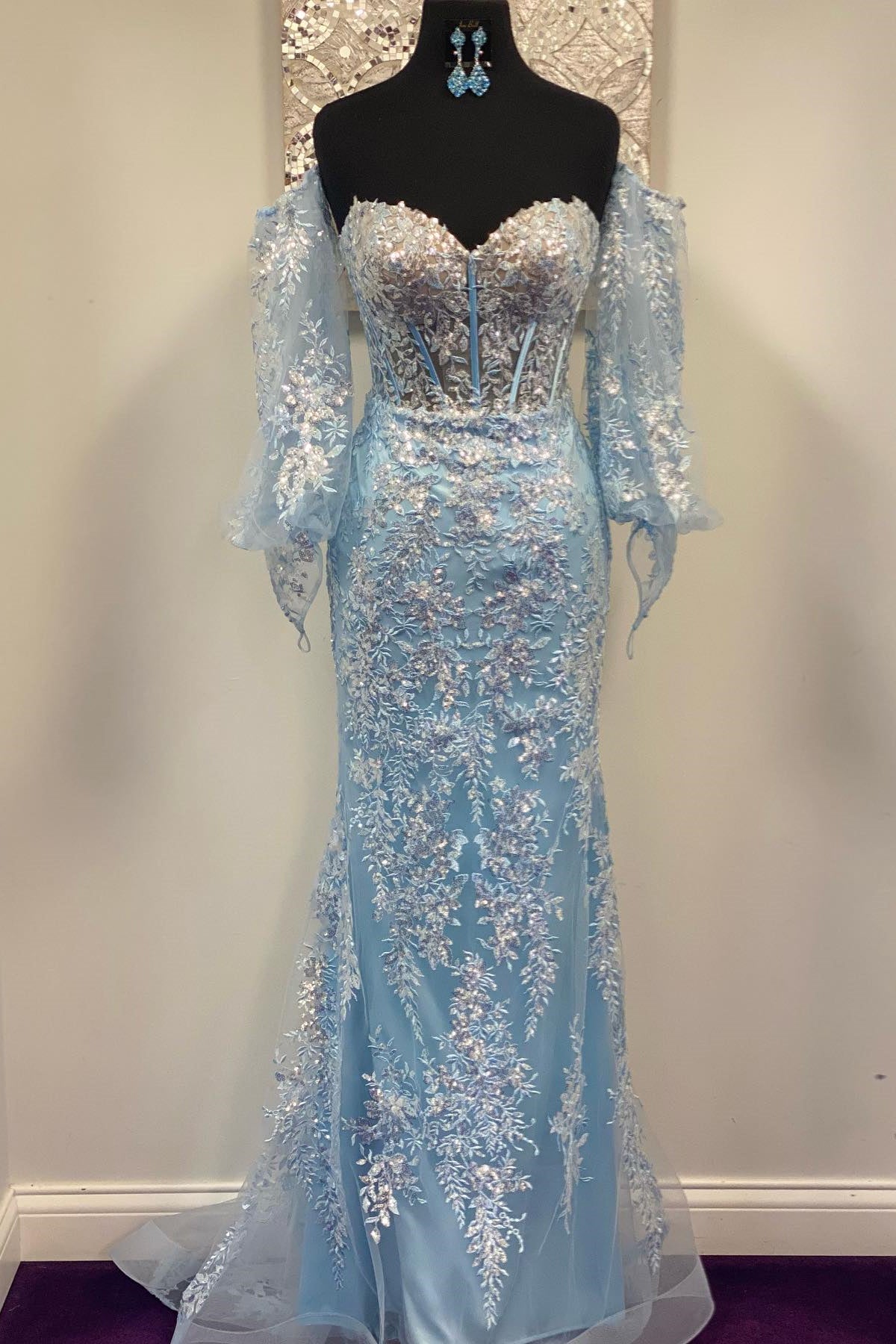 Light Blue Off-Shoulder Floral Appliques Mermaid Long Prom Dress