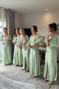 Flare Sleeves Sage Green Bridesmaid Dress with Buttons