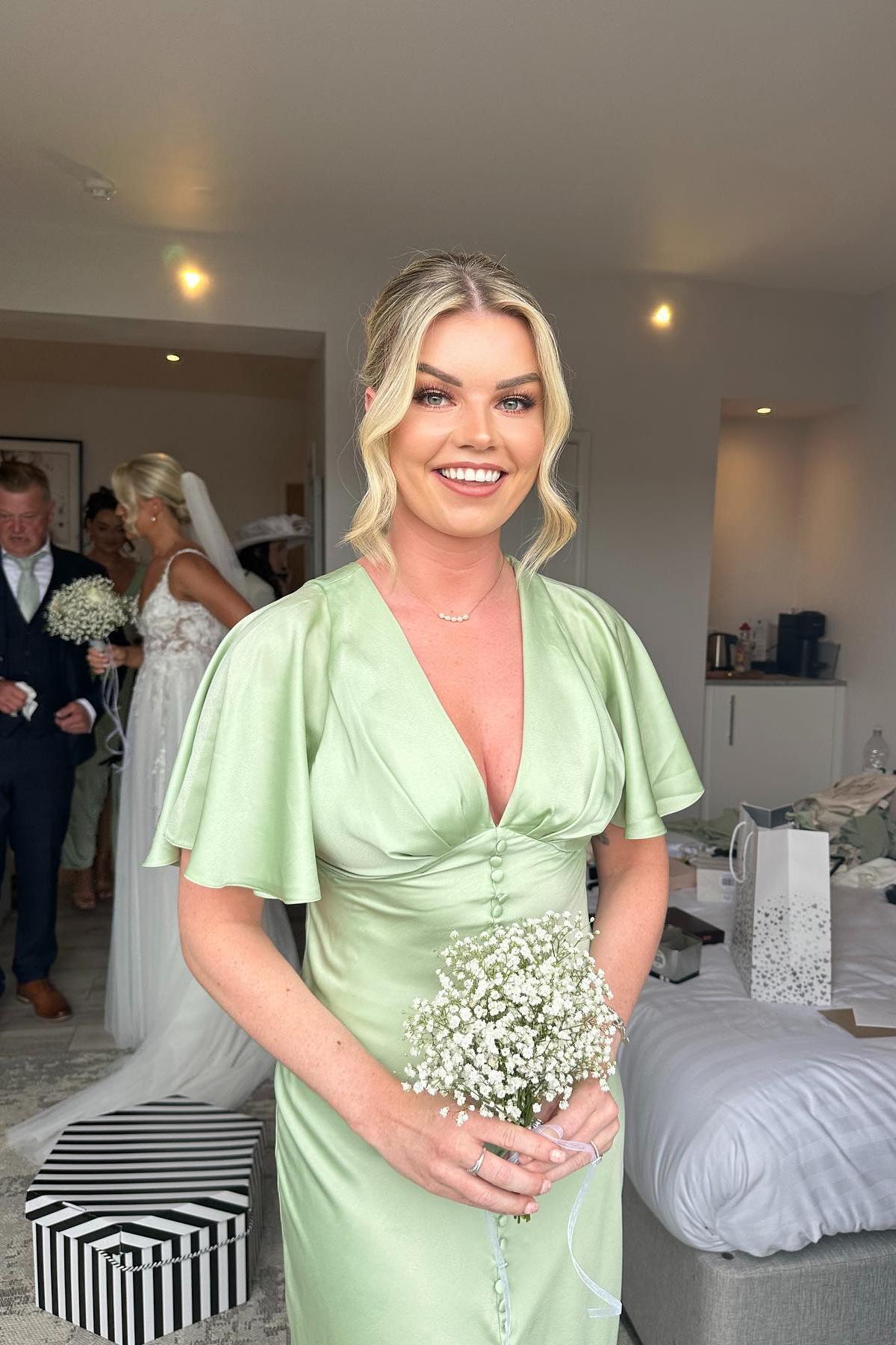 Flare Sleeves Sage Green Bridesmaid Dress with Buttons – Dreamdressy