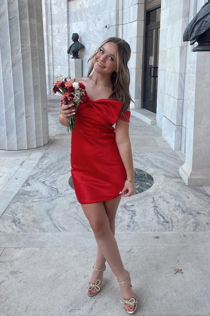 Off the Shoulder Red Short Dress with Bow