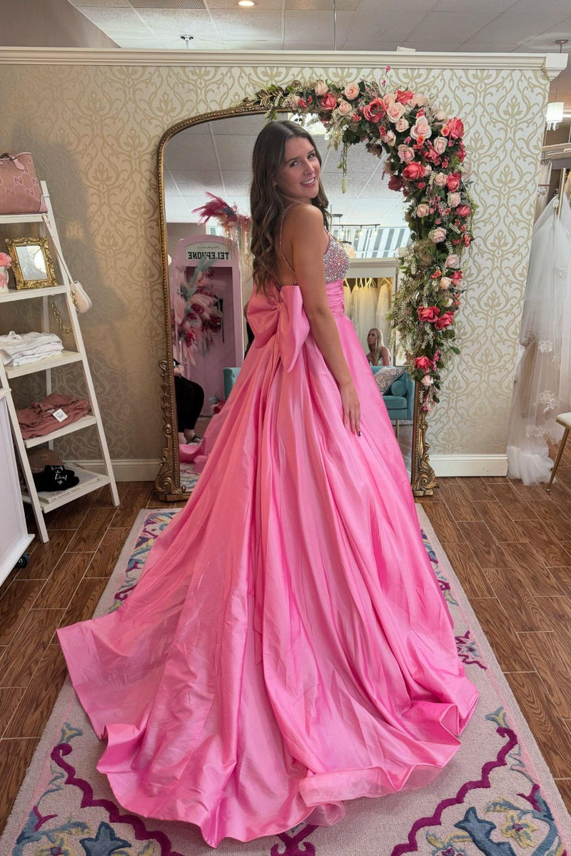 Beaded Pink Satin A-line Long Formal Dress with Bow