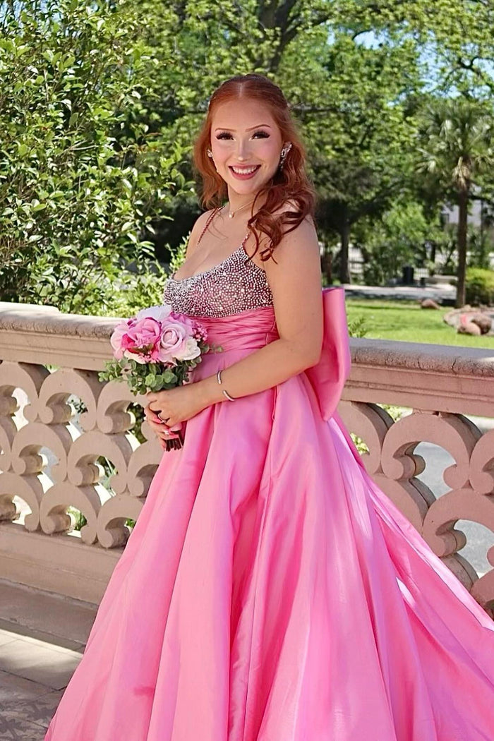 Beaded Pink Satin A-line Long Formal Dress with Bow