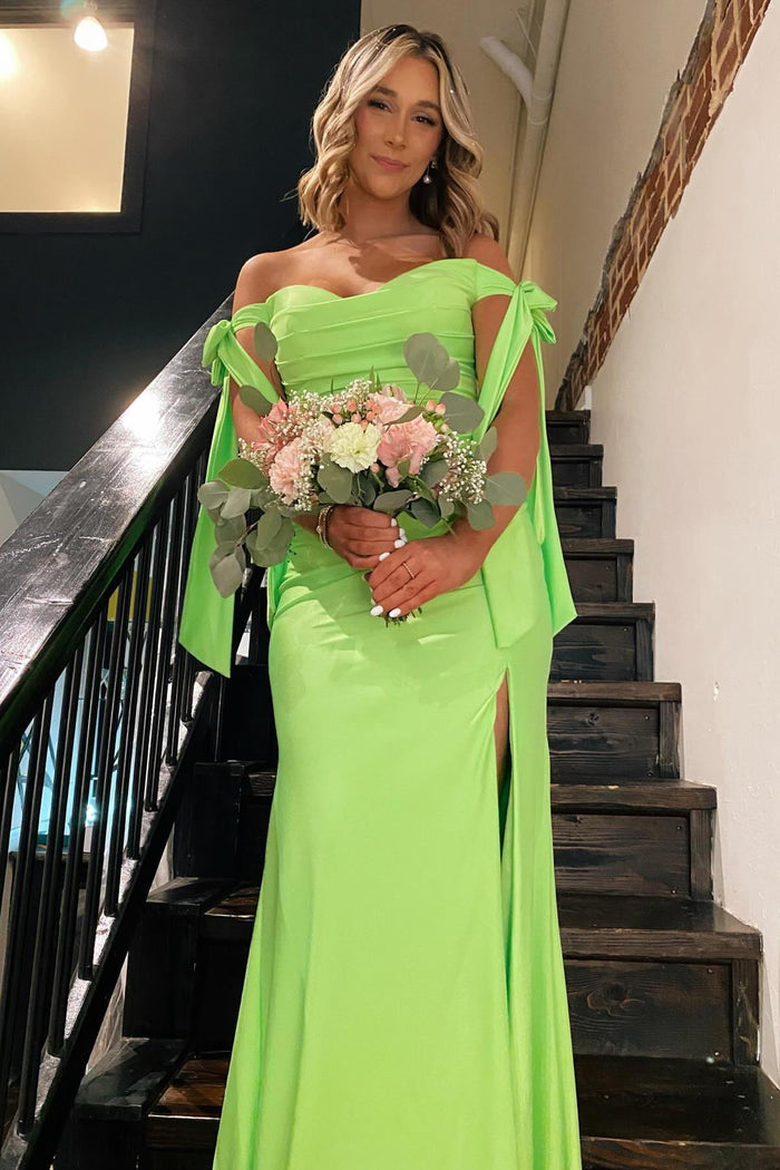 Off the Shoulder Lemon Green Ruched Mermaid Long Formal Dress