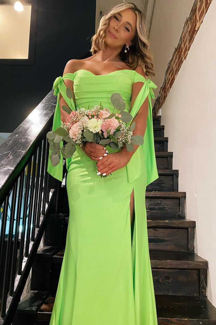 Off the Shoulder Lemon Green Ruched Mermaid Long Formal Dress