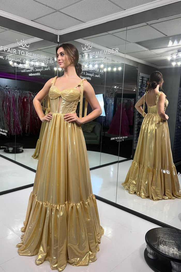 Bow Straps Gold Metallic A-line Long Formal Dress