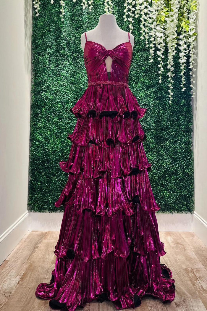 Straps Fuchsia Metallic Pleated A-line Ruffle Long Formal Dress