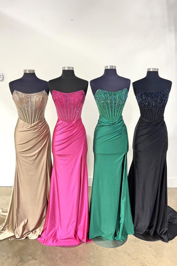 Beaded Fuchsia Strapless Satin Mermaid Long Prom Dress