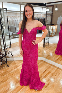 Fuchsia Plunging Off-Shoulder Mermaid Lace Long Prom Dress