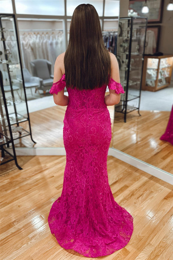 Fuchsia Plunging Off-Shoulder Mermaid Lace Long Prom Dress