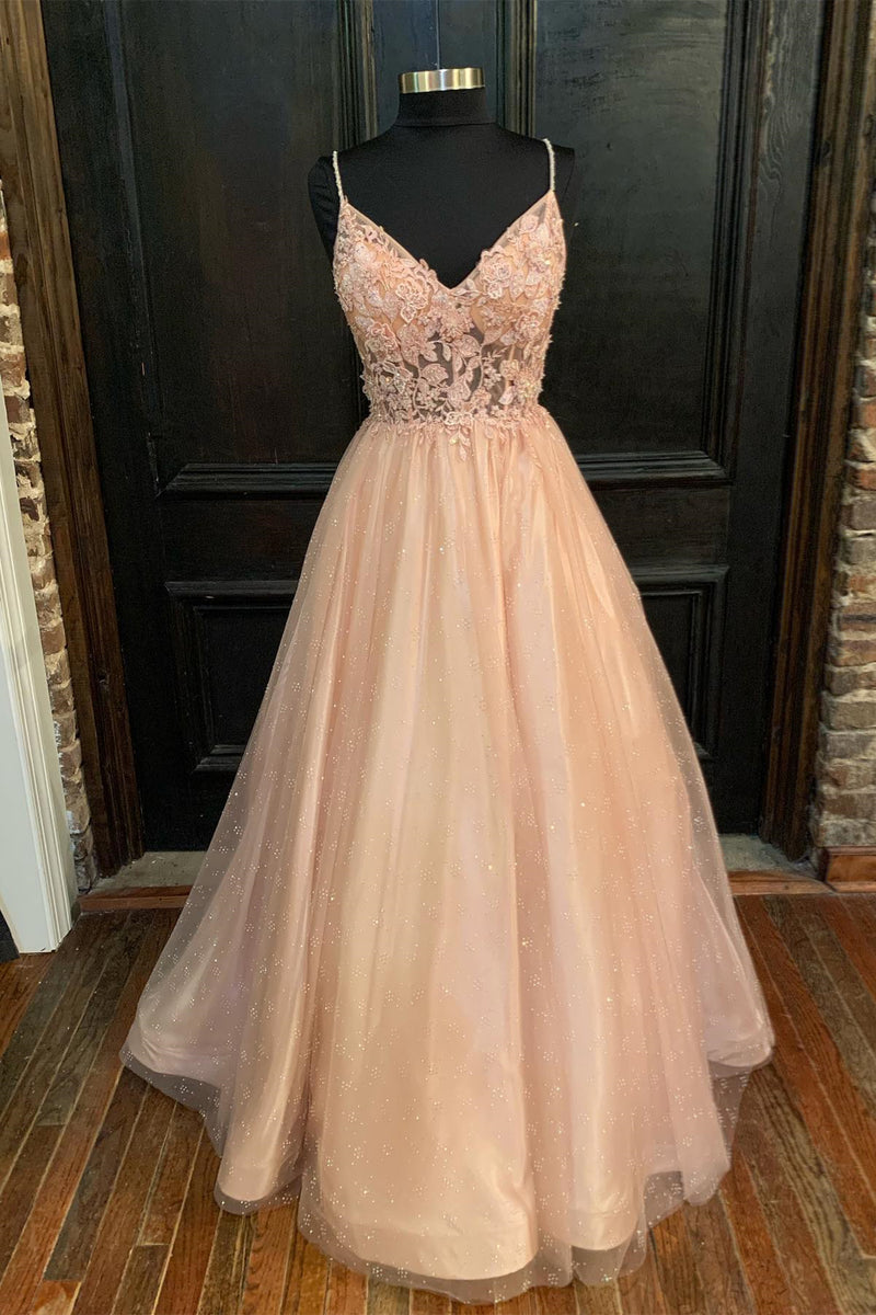 Blush Pink Appliques Straps V Neck A-line Long Prom Dress