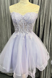 Lavender Strapless Appliques Tulle Lace-Up Homecoming Dress