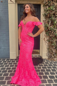 Hot Pink Plunging Off-Shoulder Mermaid Lace Long Prom Dress