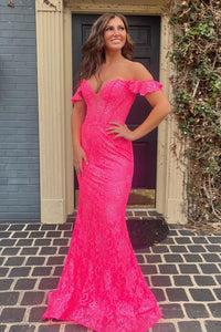 Hot Pink Plunging Off-Shoulder Mermaid Lace Long Prom Dress