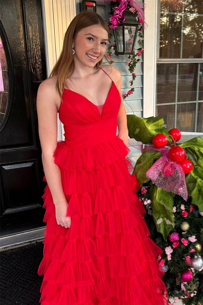 Red Layers A-line Plunging V Neck Long Prom Dress