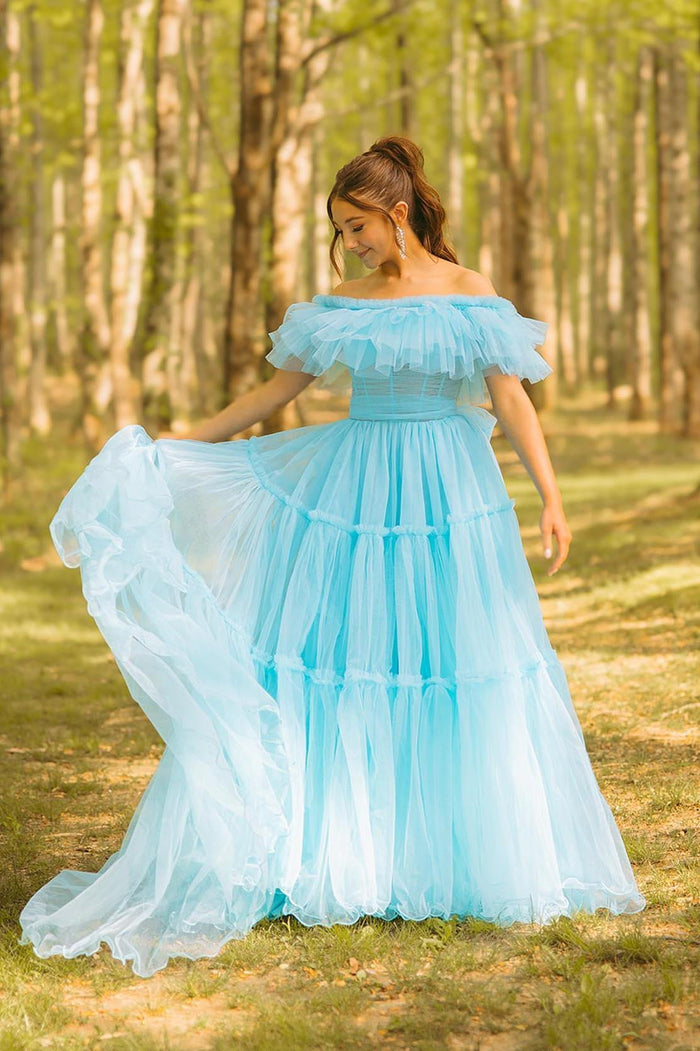 Ruffles Off the Shoulder Corset A-line Long Formal Dress