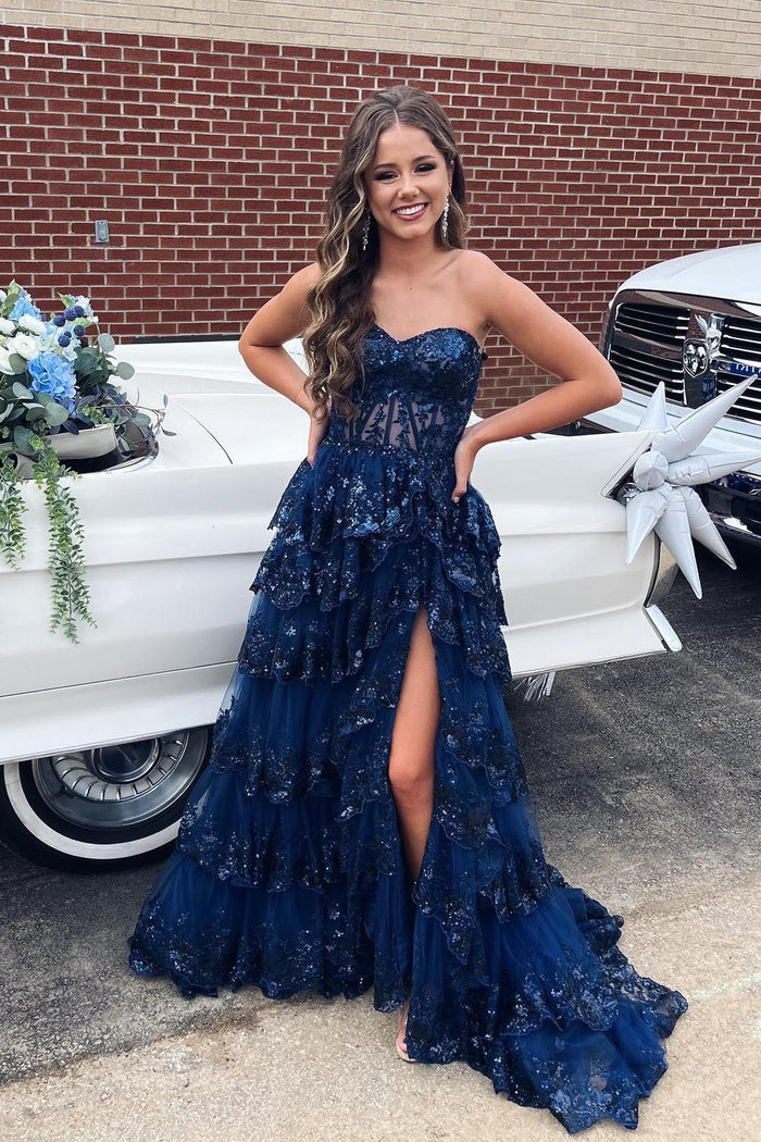 Sweetheart Navy Blue Appliques A-line Ruffle Long Prom Dress