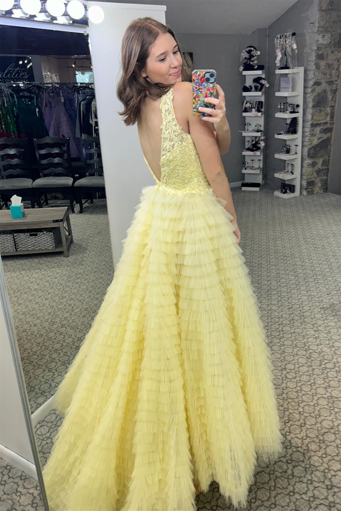 Yellow Plunging V Neck Floral Layers A-line Long Prom Dress with Slit