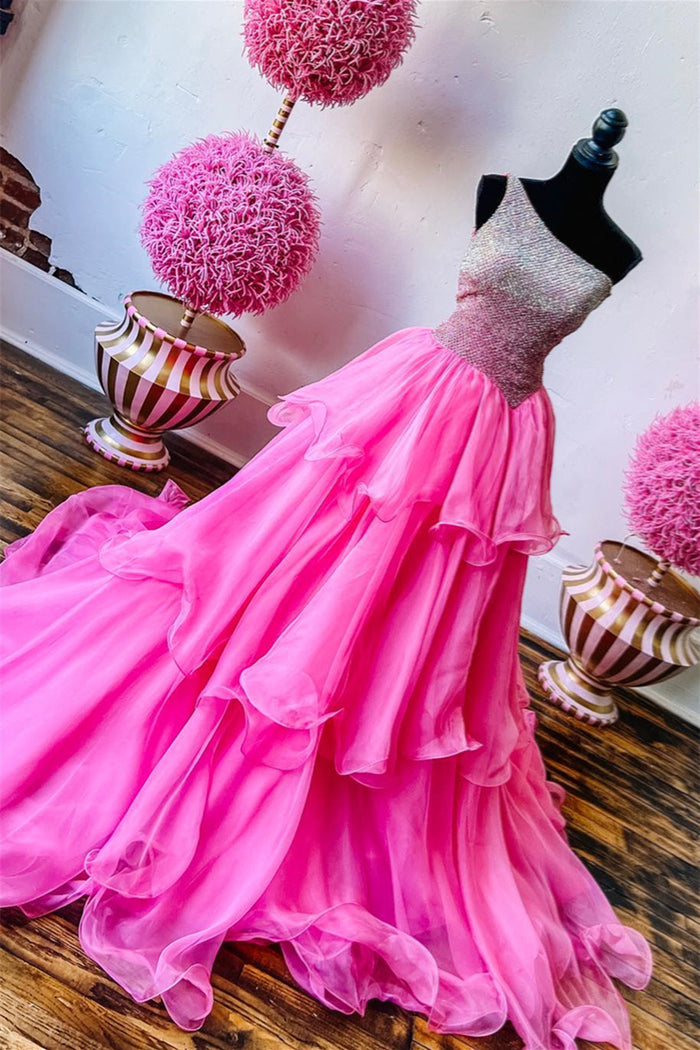 Hot Pink Beaded Top One Shoulder Layers Long Prom Dress