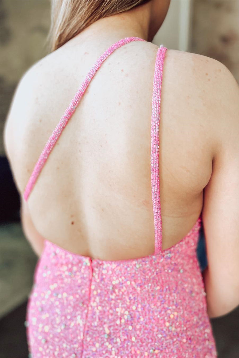 Pink One Shoulder Sequins Straps Sheath Homecoming Dress
