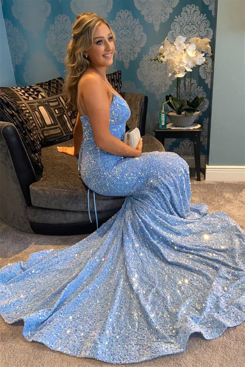 Light Blue Strapless Lace-Up Mermaid Sequins Long Prom Dress