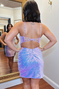 Lavender Lace-Up Plunging V Neck Sequins Sheath Homecoming Dress
