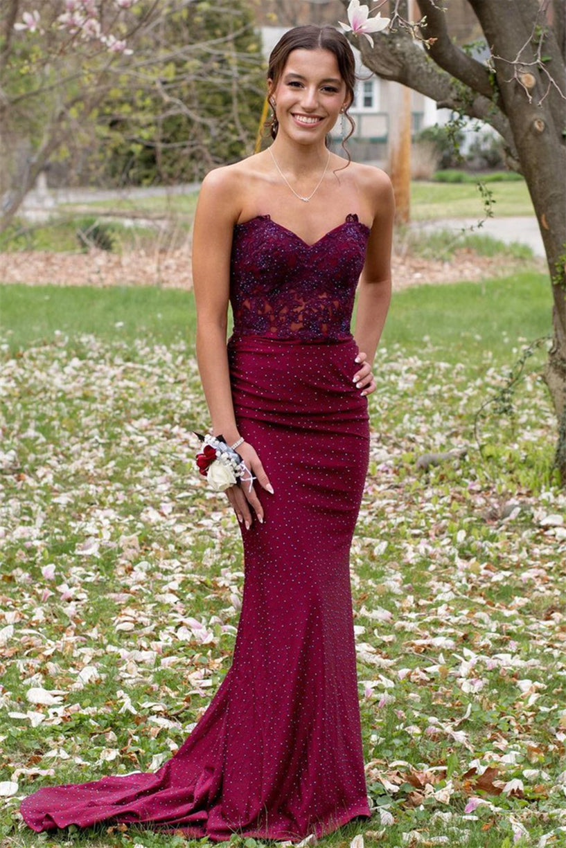 Burgundy Mermaid Strapless Beaded Appliques Lace-Up Long Prom