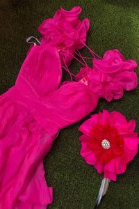 Fuchsia Ruffle Shoulder Plunging V Neck A-line Lace-Up Long Prom Dress