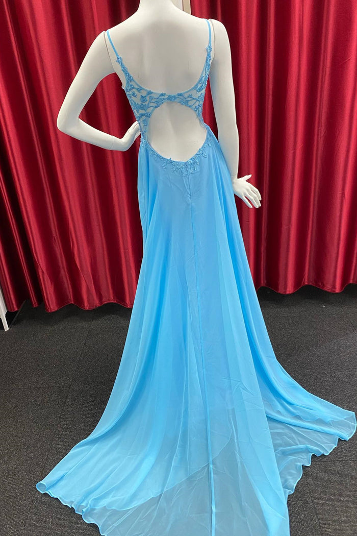 Sky Blue Chiffon Floral Keyhole A-line Long Prom Dress