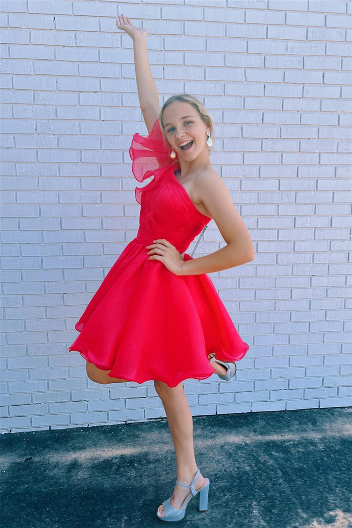 Red One Shoulder Ruffled A-line Tulle Homecoming Dress