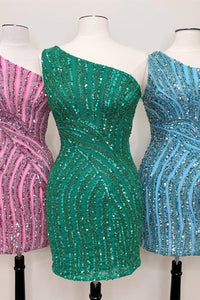 Pink & Green & Blue Sheath Sequins One Shoulder Lace-Up Homecoming Dress