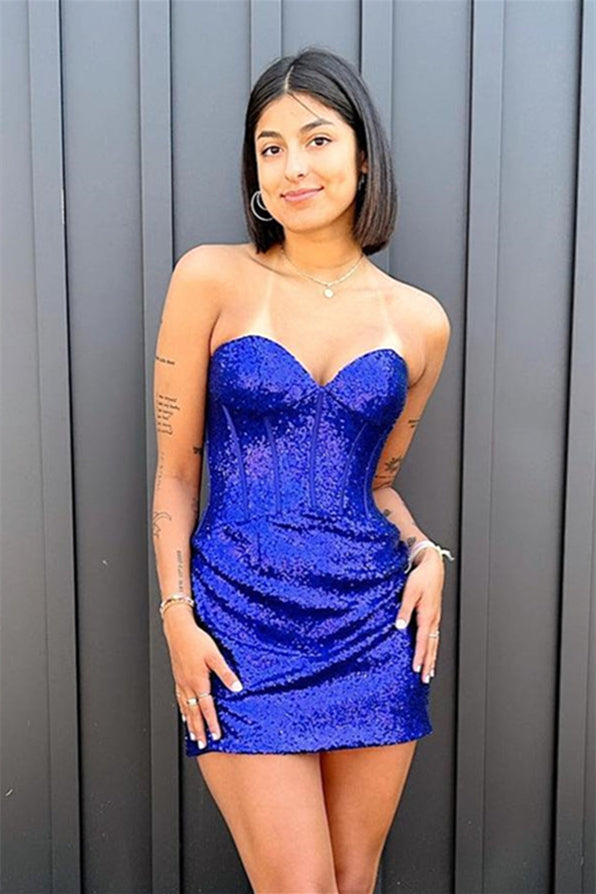 Royal Blue Strapless Sequins Sheath Homecoming Dress