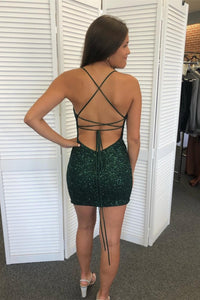 Hunter Green Sequins Lace-Up V Neck Homecoming Dress
