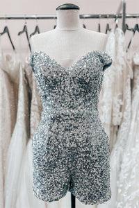 Dusty Sage Off-the-Shoulder Sequins Sheath Homecoming Romper