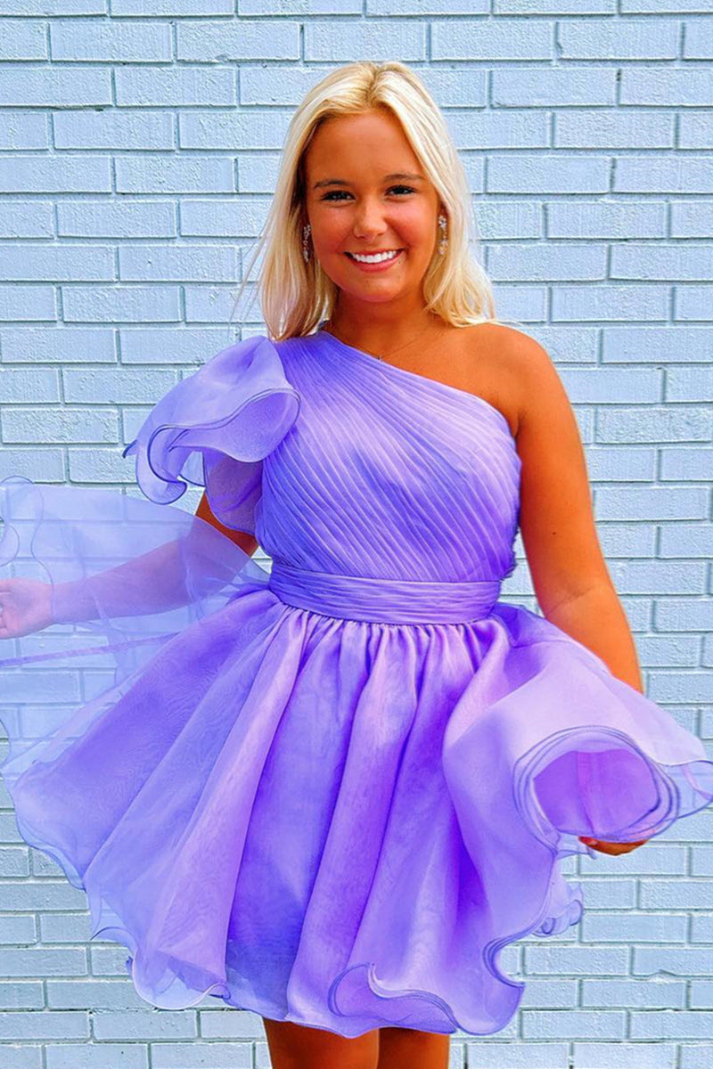 Lavender One Shoulder Ruffled A-line Tulle Homecoming Dress