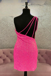 Hot Pink One Shoulder Sequins Straps Sheath Homecoming Dress with Tassels